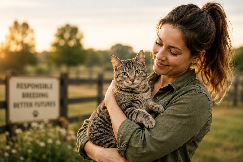 Breeder holding tabby cat