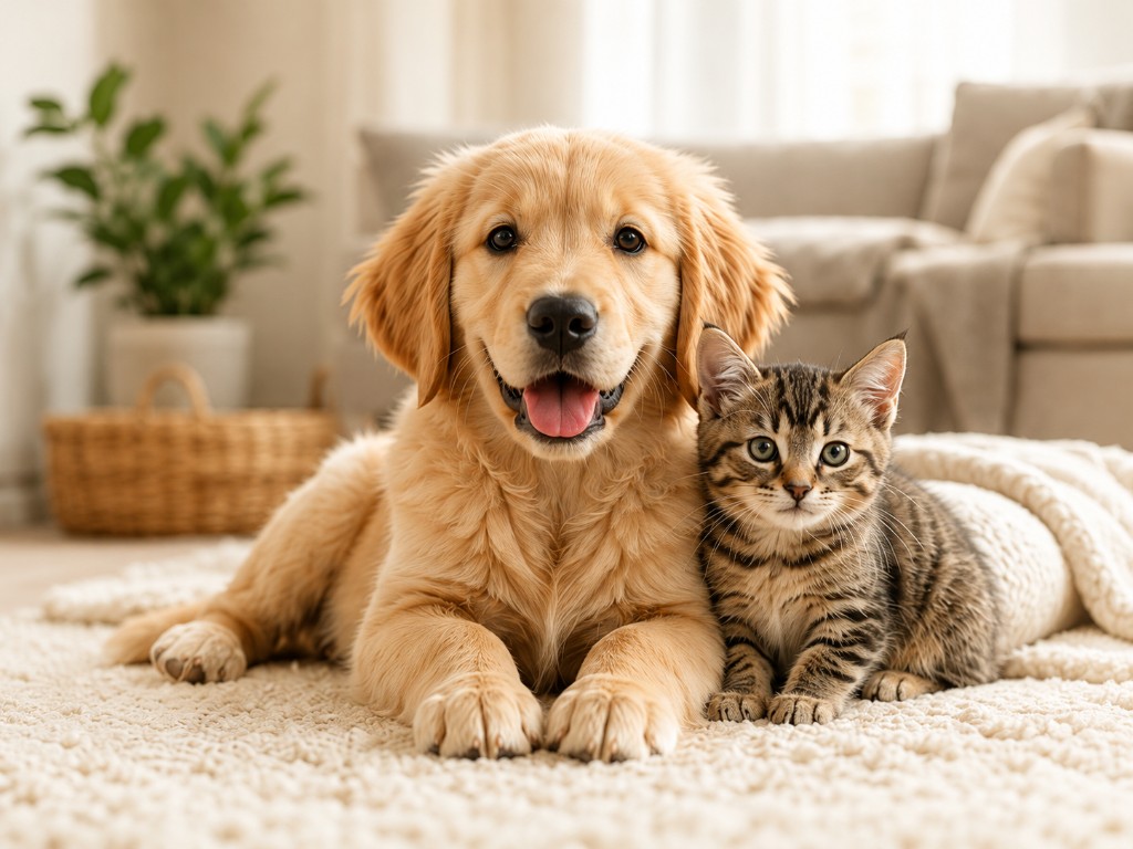 Golden retriever and tabby cat together